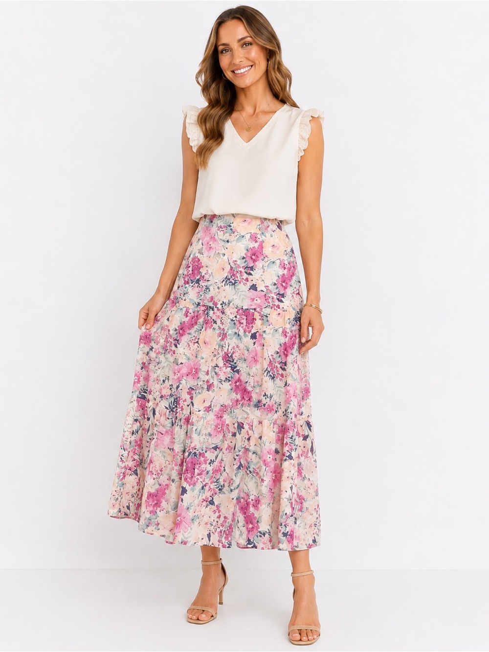 En Saison Fleur Midi Skirt M Free People Pink Floral Tiered Cottagecore Romantic